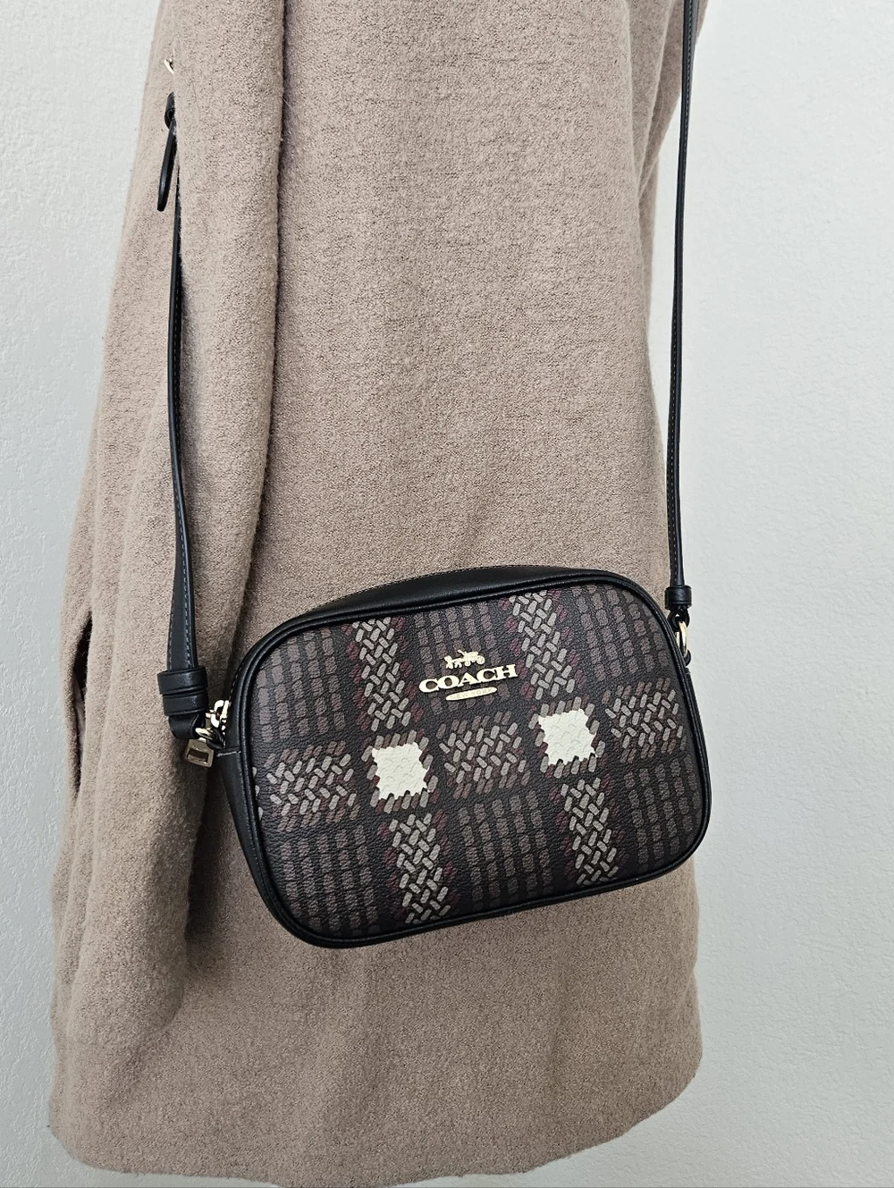 Coach Mini Jamie Plaid Crossbody Bag in Brown/Black